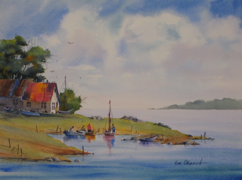 seascape, landscape, boat, sailboat, harbor, beach, original watercolor painting, oberst